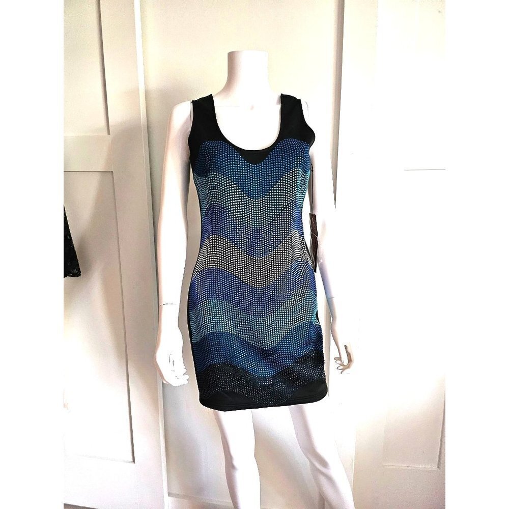 WOW COUTURE Scuba Dress Studded Beaded Blue Silver Wave Size M